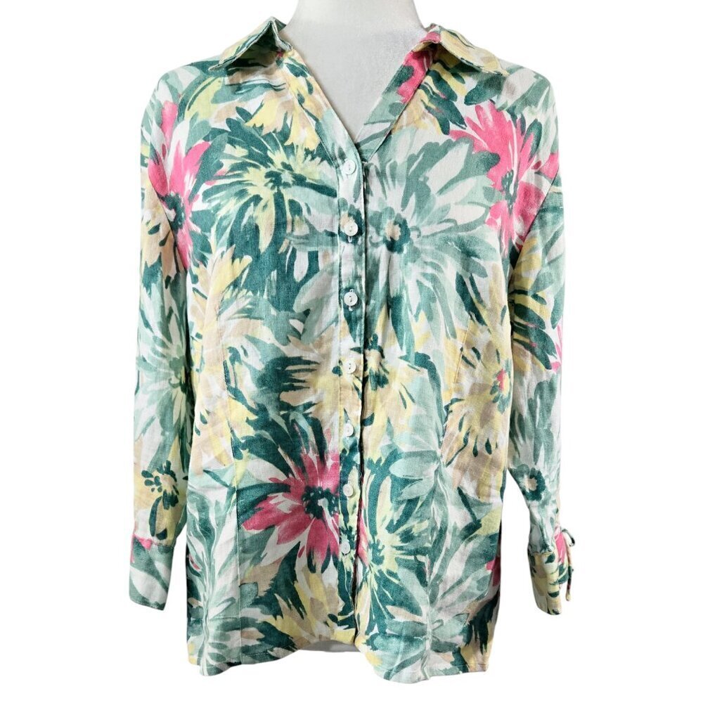 JM Collection 100% Linen Multicolor Floral Button-Up Shirt Beachy Tropical